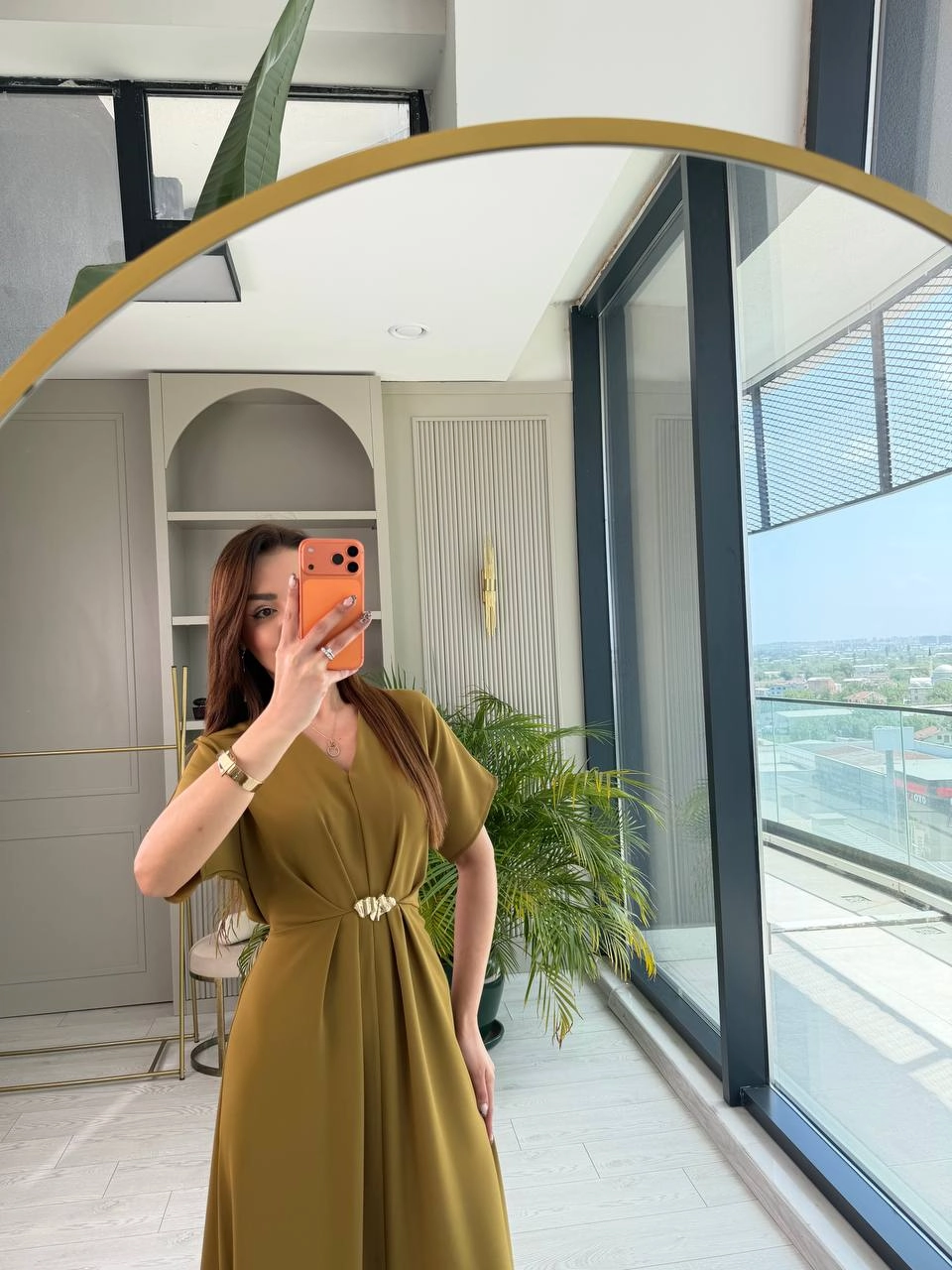 Yağ%20Yeşili%20Broşlu%20Bel%20Bağlamalı%20Tensel%20Krep%20Elbise