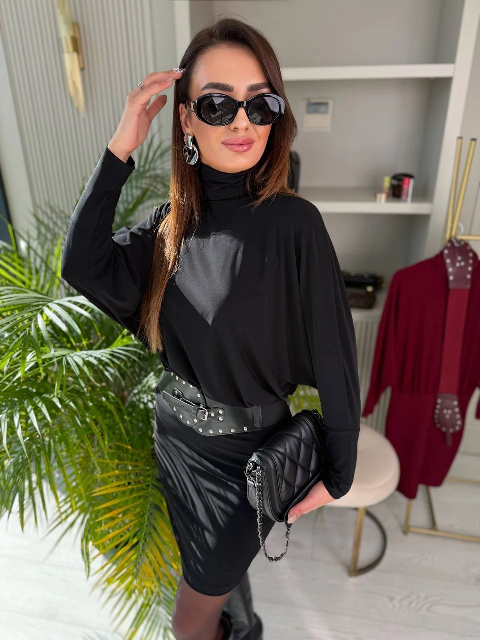 Siyah%20Kemerli%20Astarlı%20Yarasa%20Kol%20Elbise