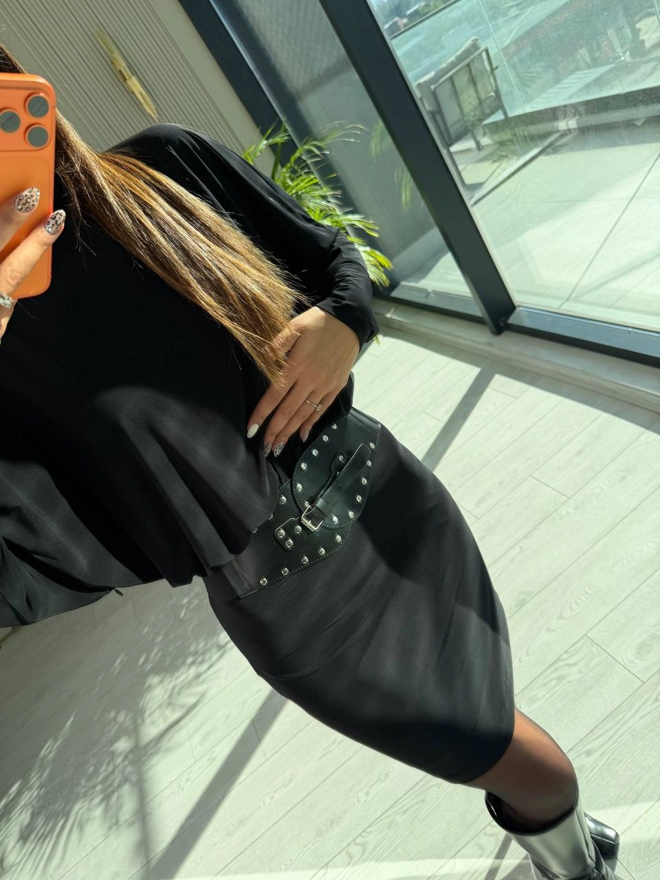 Siyah%20Kemerli%20Astarlı%20Yarasa%20Kol%20Elbise