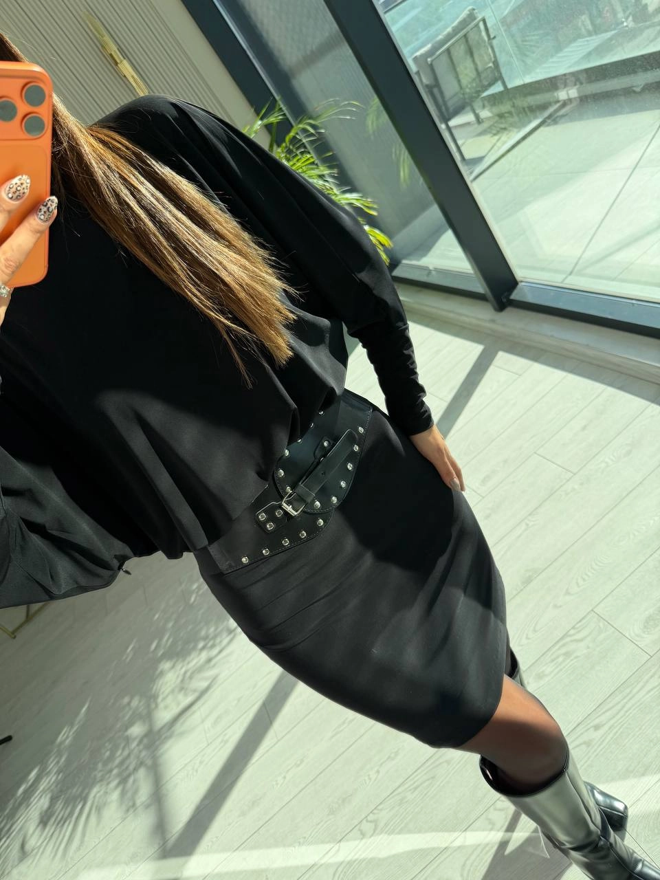 Siyah%20Kemerli%20Astarlı%20Yarasa%20Kol%20Elbise