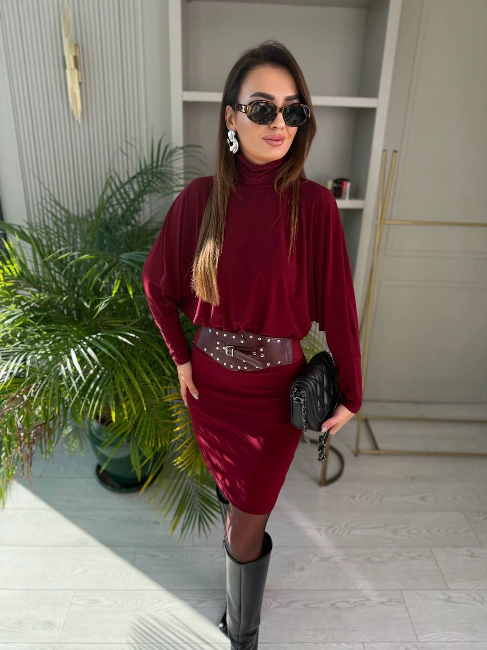 Bordo%20Kemerli%20Astarlı%20Yarasa%20Kol%20Elbise