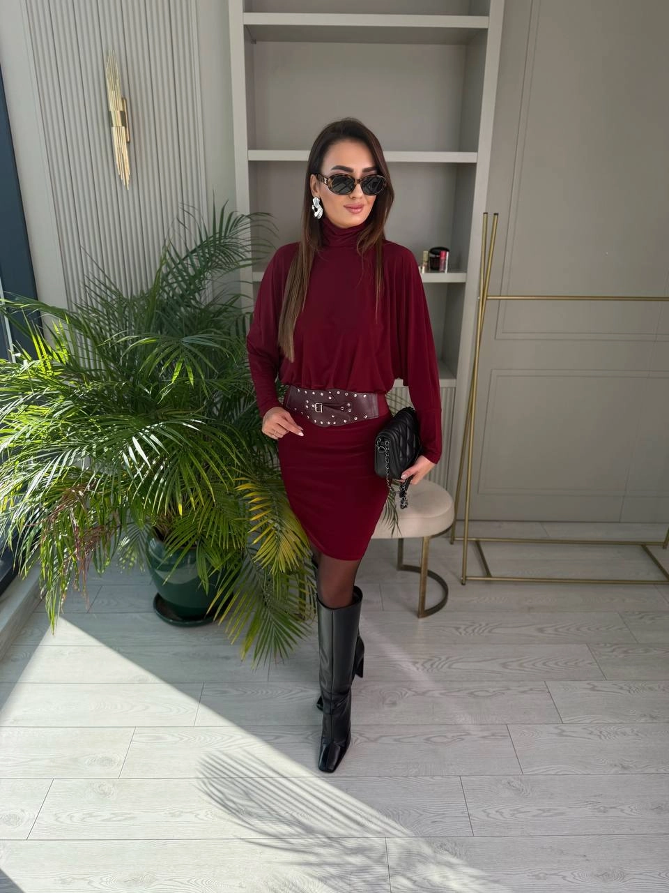 Bordo%20Kemerli%20Astarlı%20Yarasa%20Kol%20Elbise