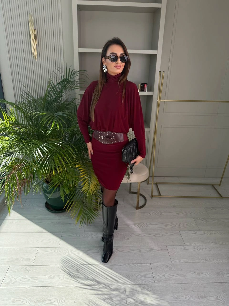 Bordo%20Kemerli%20Astarlı%20Yarasa%20Kol%20Elbise