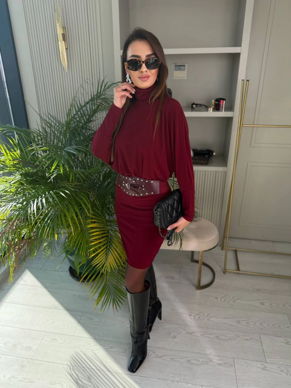 Bordo%20Kemerli%20Astarlı%20Yarasa%20Kol%20Elbise