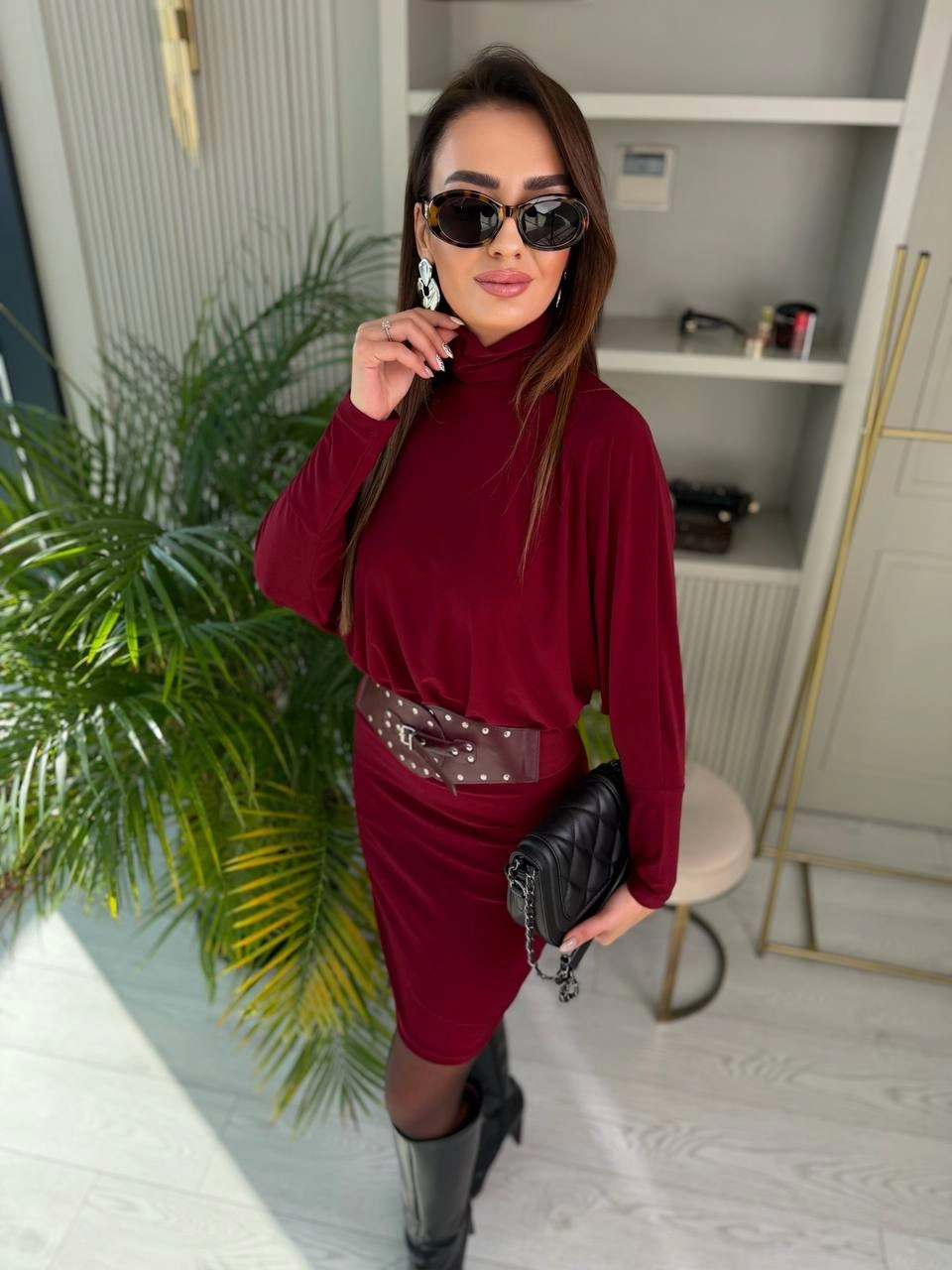 Bordo%20Kemerli%20Astarlı%20Yarasa%20Kol%20Elbise