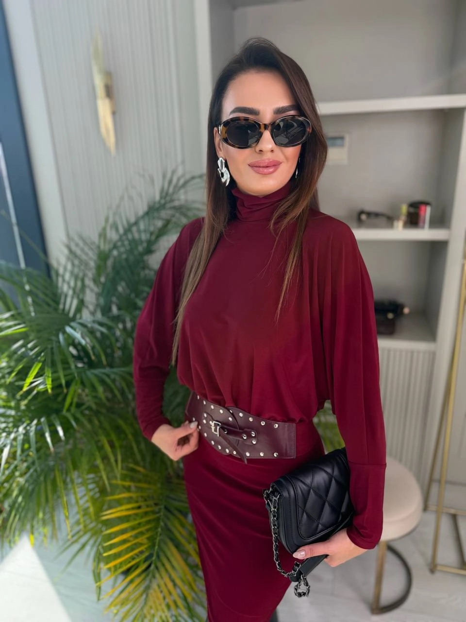 Bordo%20Kemerli%20Astarlı%20Yarasa%20Kol%20Elbise