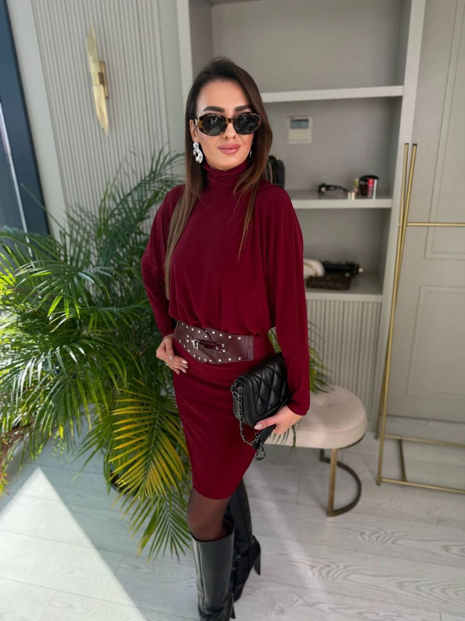 Bordo%20Kemerli%20Astarlı%20Yarasa%20Kol%20Elbise