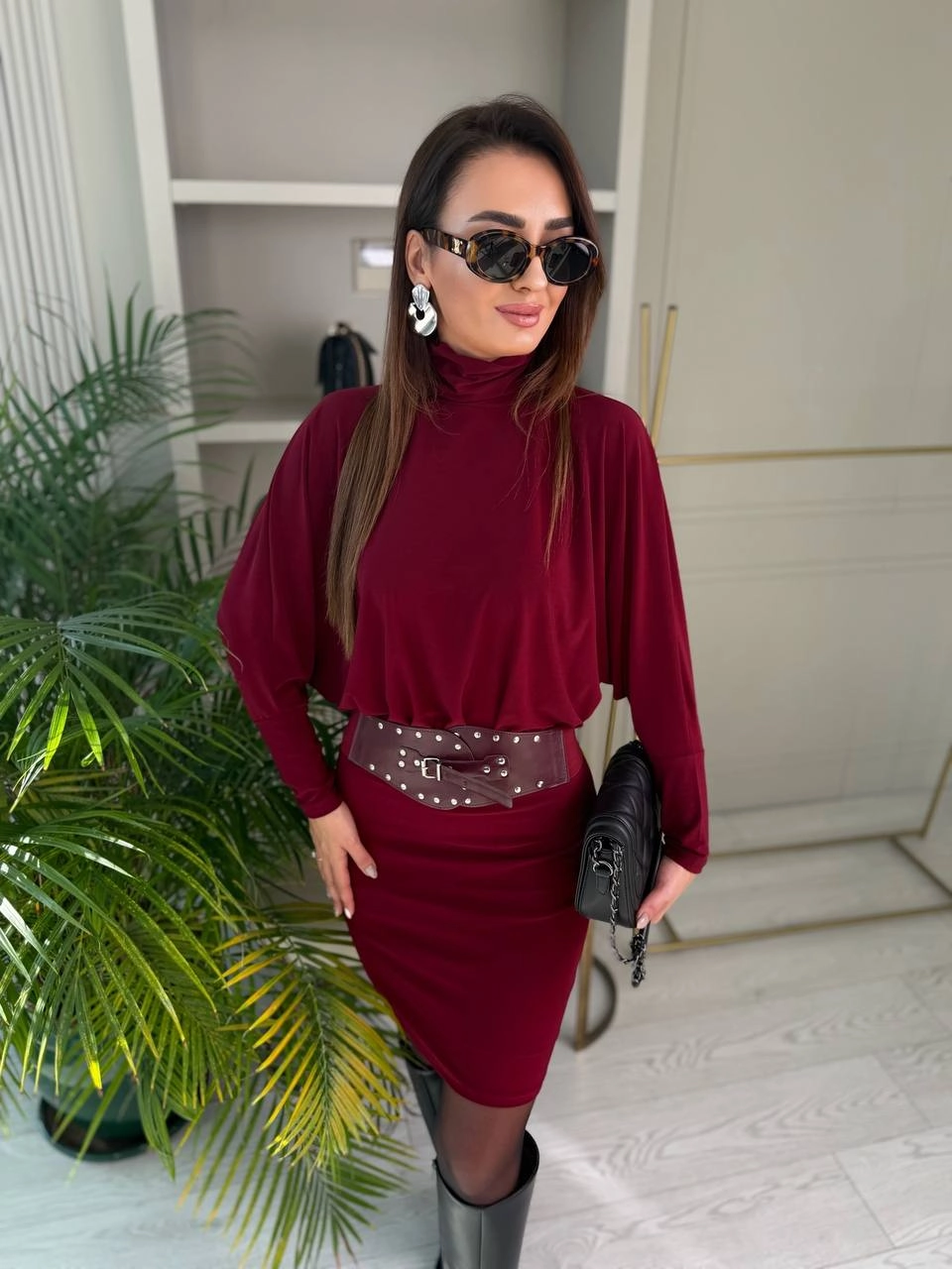 Bordo%20Kemerli%20Astarlı%20Yarasa%20Kol%20Elbise