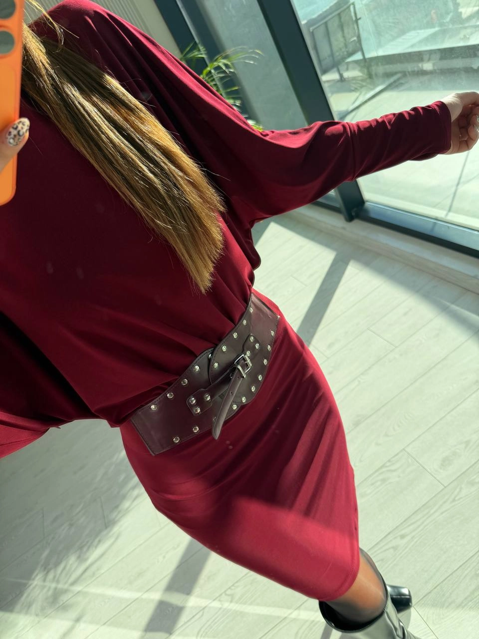 Bordo%20Kemerli%20Astarlı%20Yarasa%20Kol%20Elbise