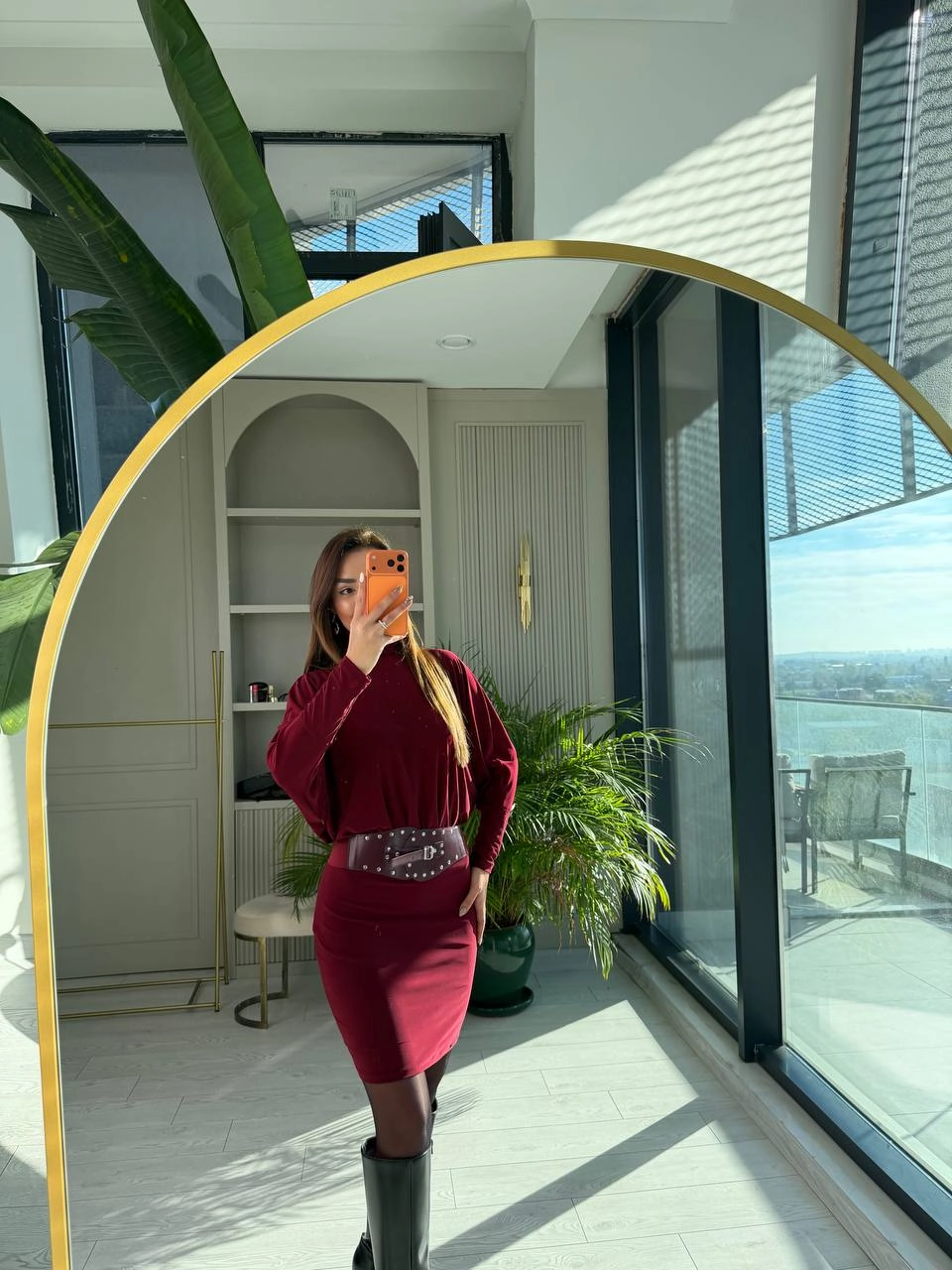 Bordo%20Kemerli%20Astarlı%20Yarasa%20Kol%20Elbise