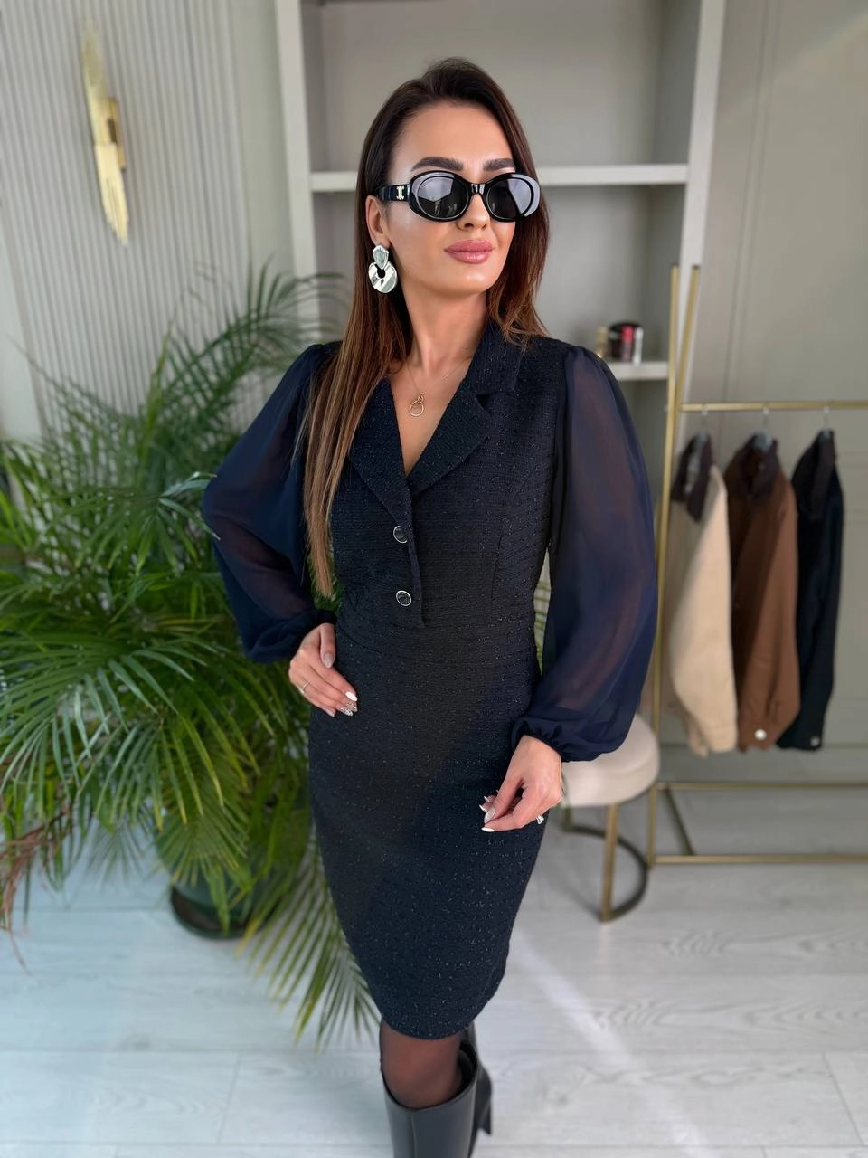 Lacivert%20Kolu%20Şifon%20Ceket%20Yaka%20Tuvid%20Elbis