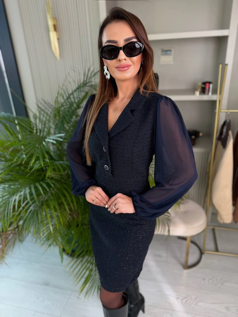 Lacivert%20Kolu%20Şifon%20Ceket%20Yaka%20Tuvid%20Elbis