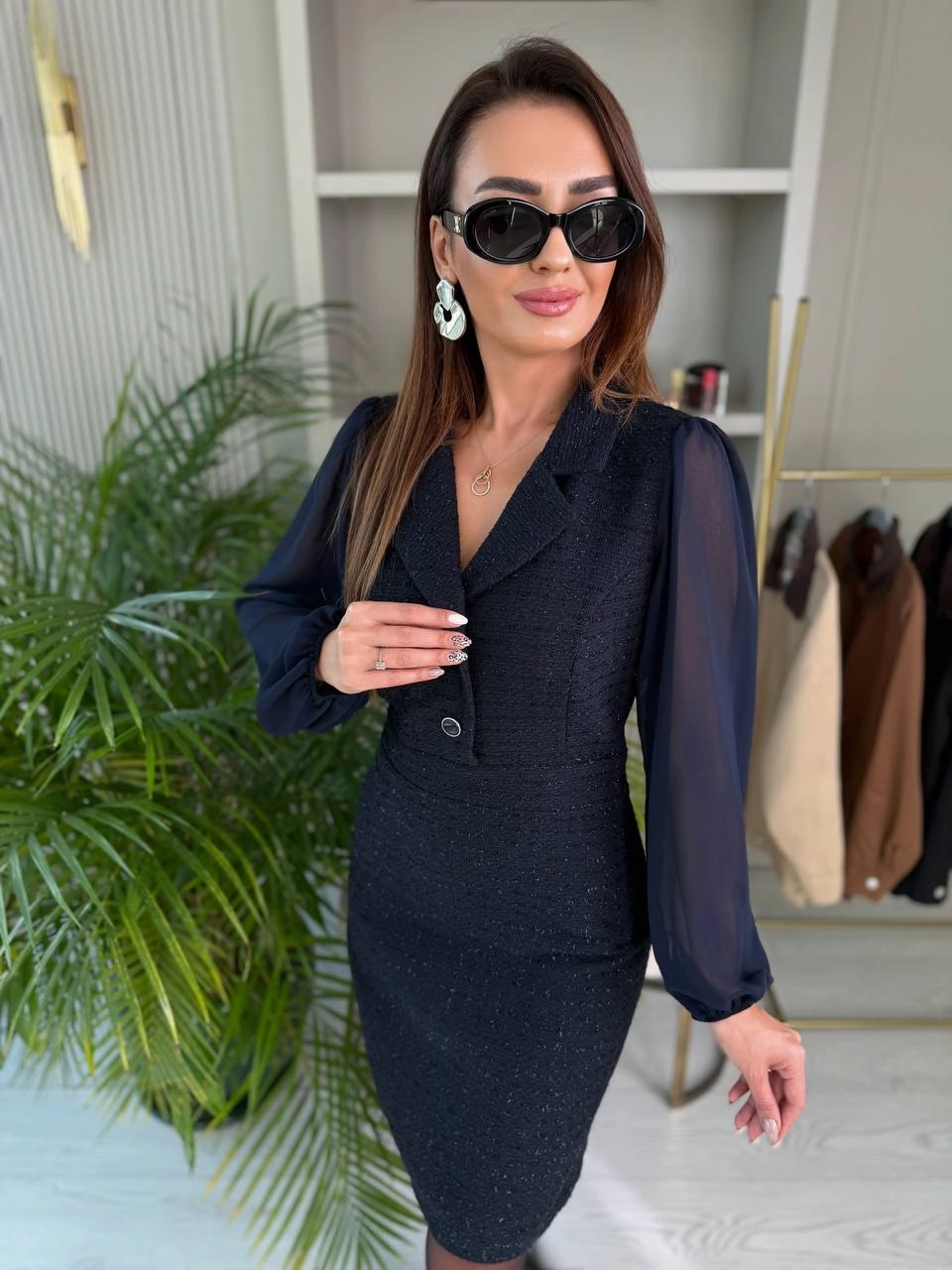 Lacivert%20Kolu%20Şifon%20Ceket%20Yaka%20Tuvid%20Elbis