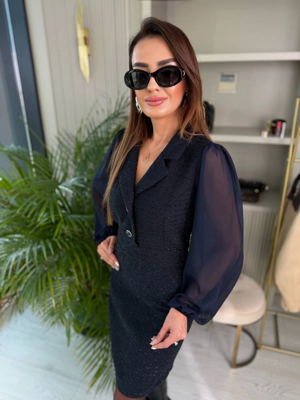 Lacivert%20Kolu%20Şifon%20Ceket%20Yaka%20Tuvid%20Elbis