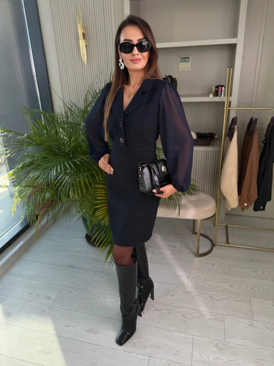 Lacivert%20Kolu%20Şifon%20Ceket%20Yaka%20Tuvid%20Elbis