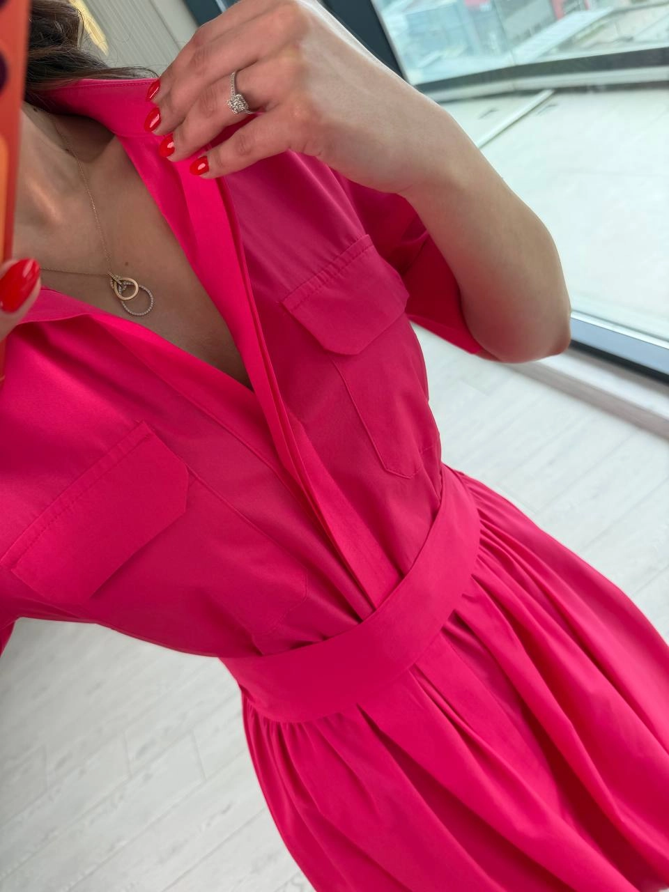 Fuşya%20Cep%20Detaylı%20Lüks%20Kalite%20Pamuklu%20Poplin%20Kumaş%20Gömlek%20Elbise
