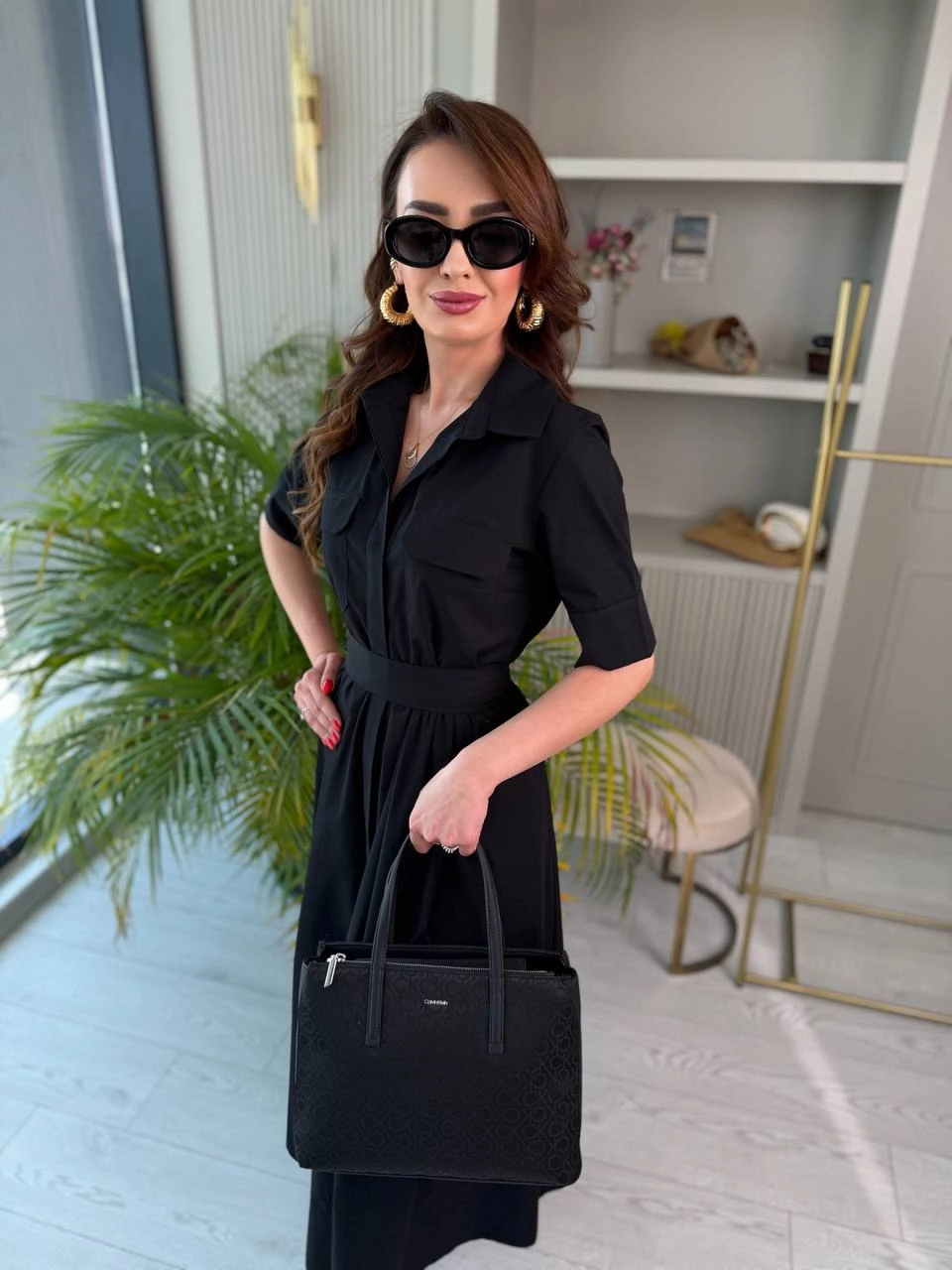 Siyah%20Cep%20Detaylı%20Lüks%20Kalite%20Pamuklu%20Poplin%20Kumaş%20Gömlek%20Elbise