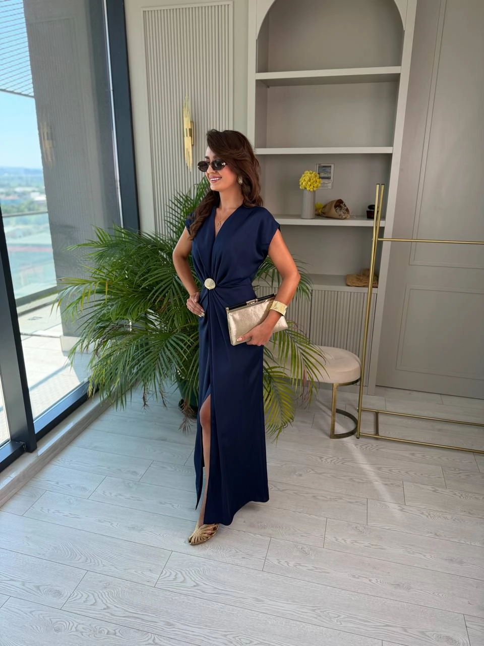 Lacivert%20Bel%20Toka%20Detaylı%20Lüks%20Kalite%20Saten%20Elbise