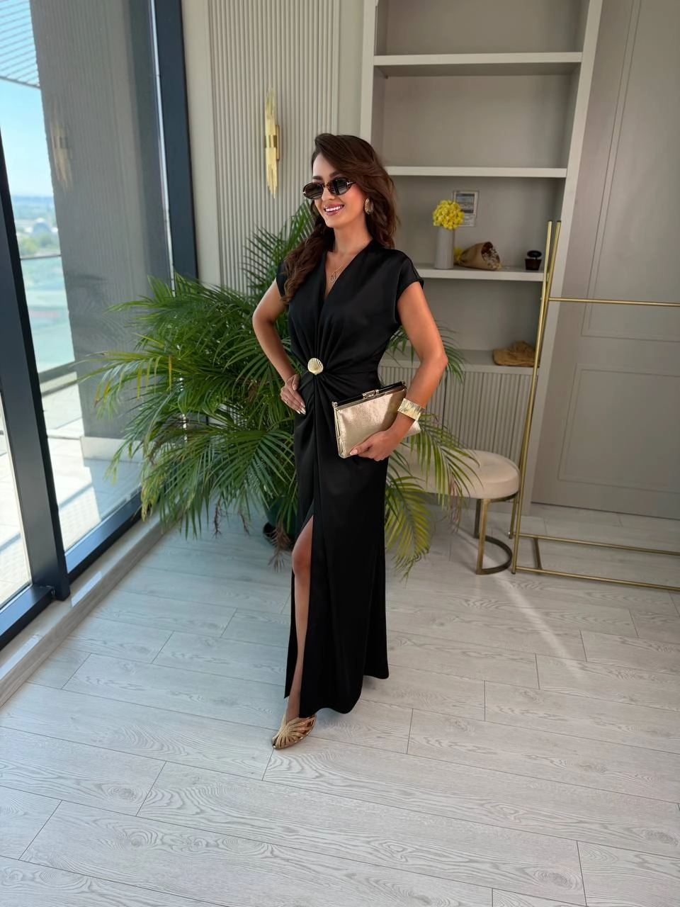 Siyah%20Bel%20Toka%20Detaylı%20Lüks%20Kalite%20Saten%20Elbise