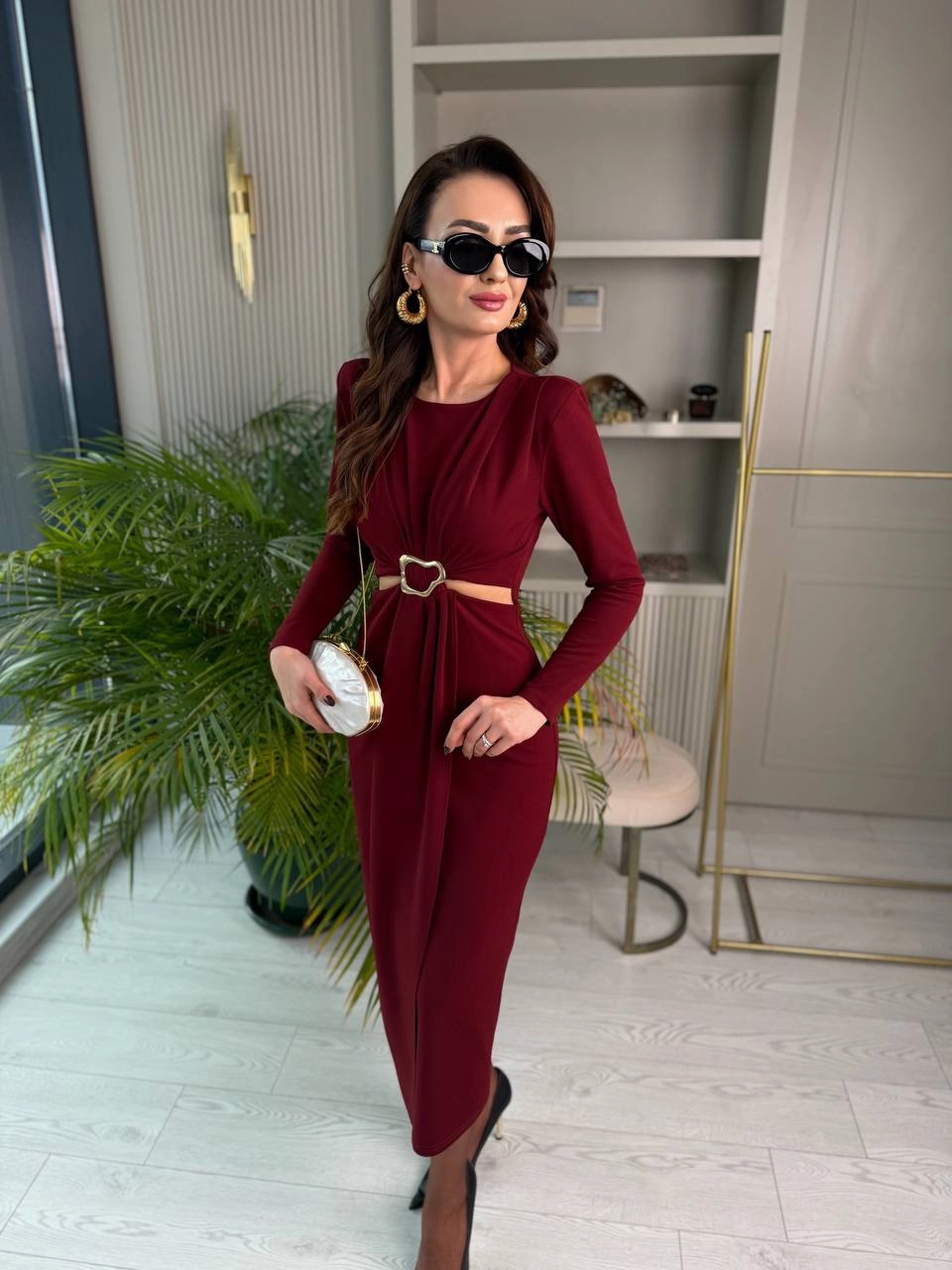 Bordo%20Bel%20Detay%20Zara%20Model%20Krep%20Kumaş%20Elbise