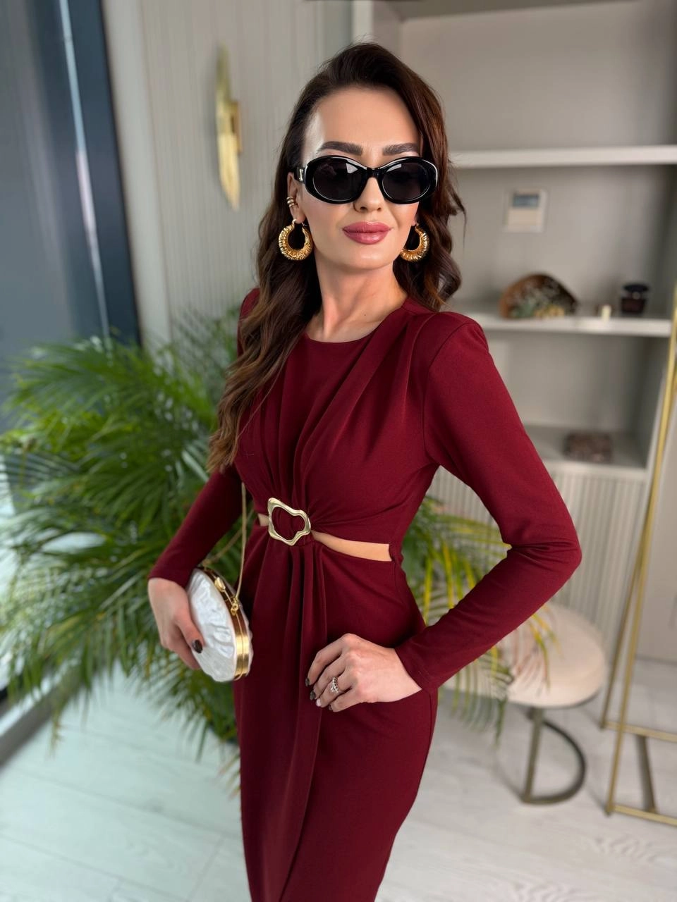 Bordo%20Bel%20Detay%20Zara%20Model%20Krep%20Kumaş%20Elbise