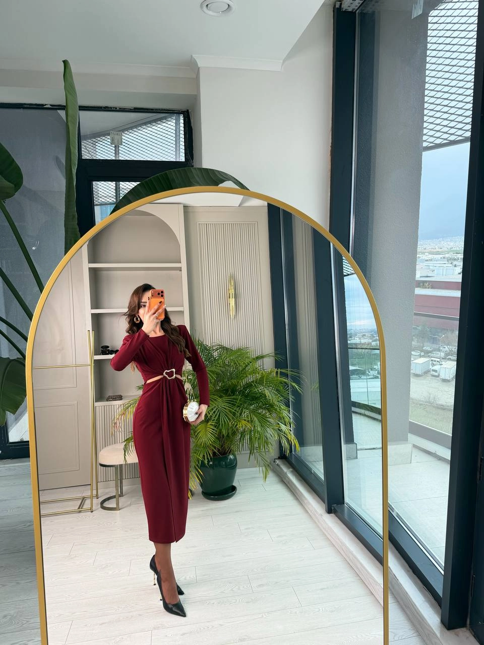 Bordo%20Bel%20Detay%20Zara%20Model%20Krep%20Kumaş%20Elbise