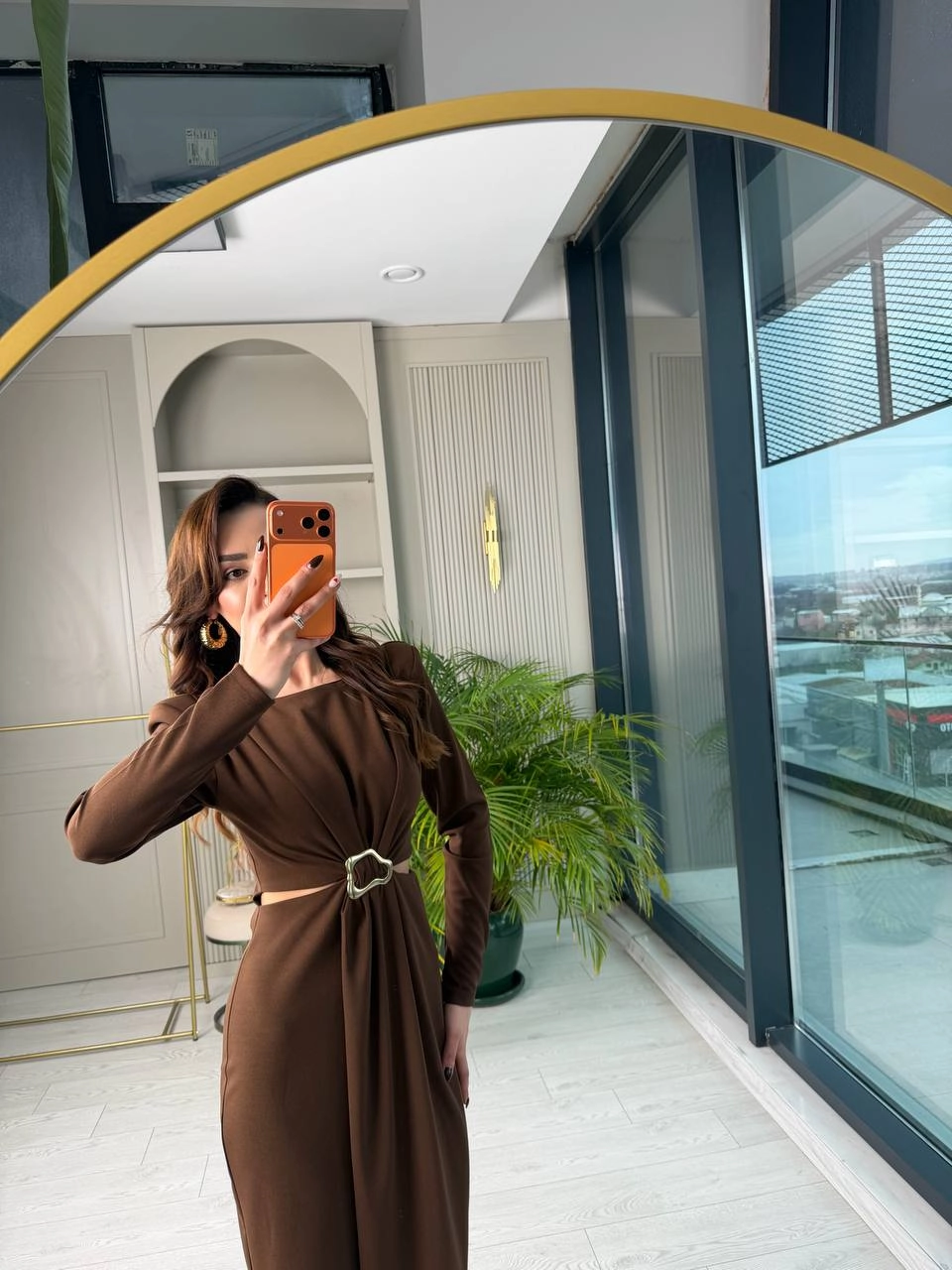 Kahverengi%20Bel%20Detay%20Zara%20Model%20Krep%20Kumaş%20Elbise