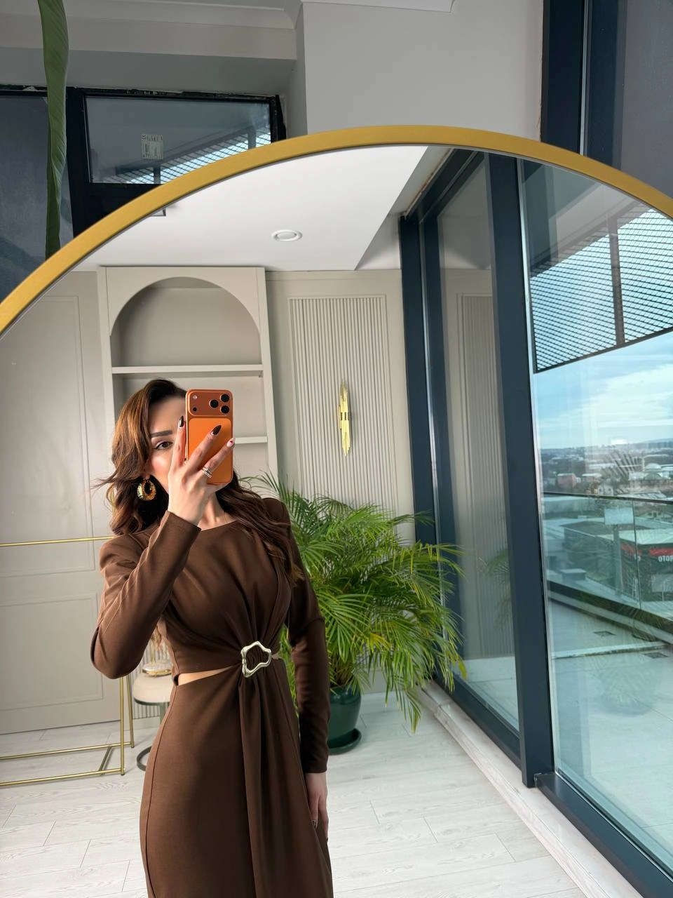 Kahverengi%20Bel%20Detay%20Zara%20Model%20Krep%20Kumaş%20Elbise