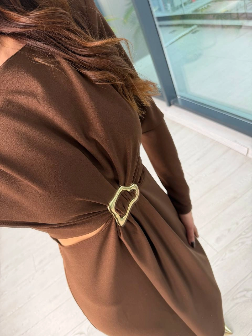 Kahverengi%20Bel%20Detay%20Zara%20Model%20Krep%20Kumaş%20Elbise