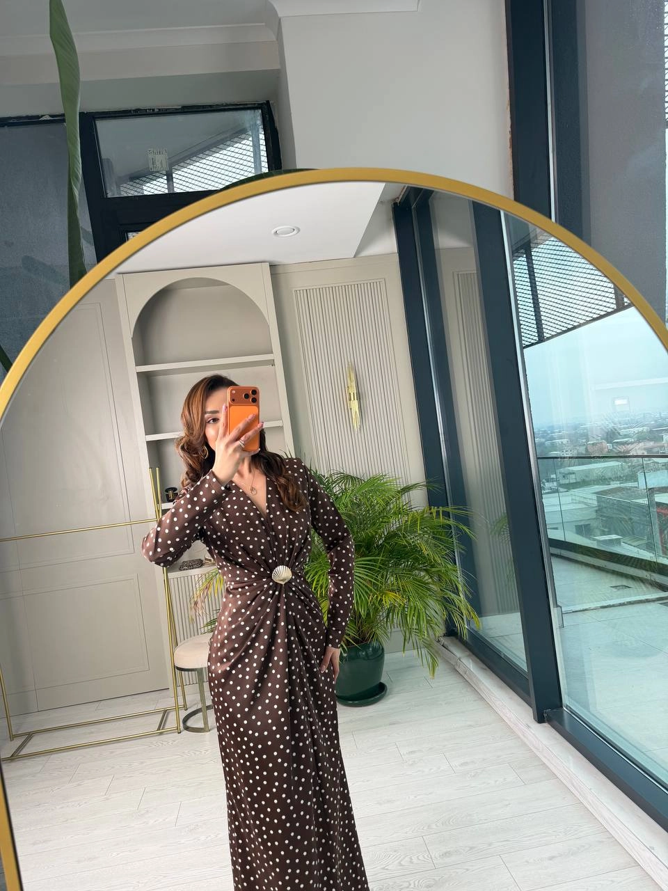 Kahverengi%20Puantiye%20Desen%20Bel%20Toka%20Detaylı%20Tok%20Saten%20Lüks%20Kalite%20Elbise