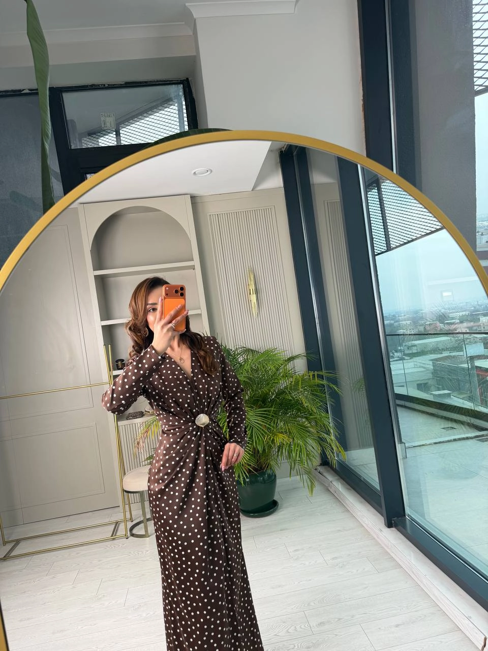 Kahverengi%20Puantiye%20Desen%20Bel%20Toka%20Detaylı%20Tok%20Saten%20Lüks%20Kalite%20Elbise