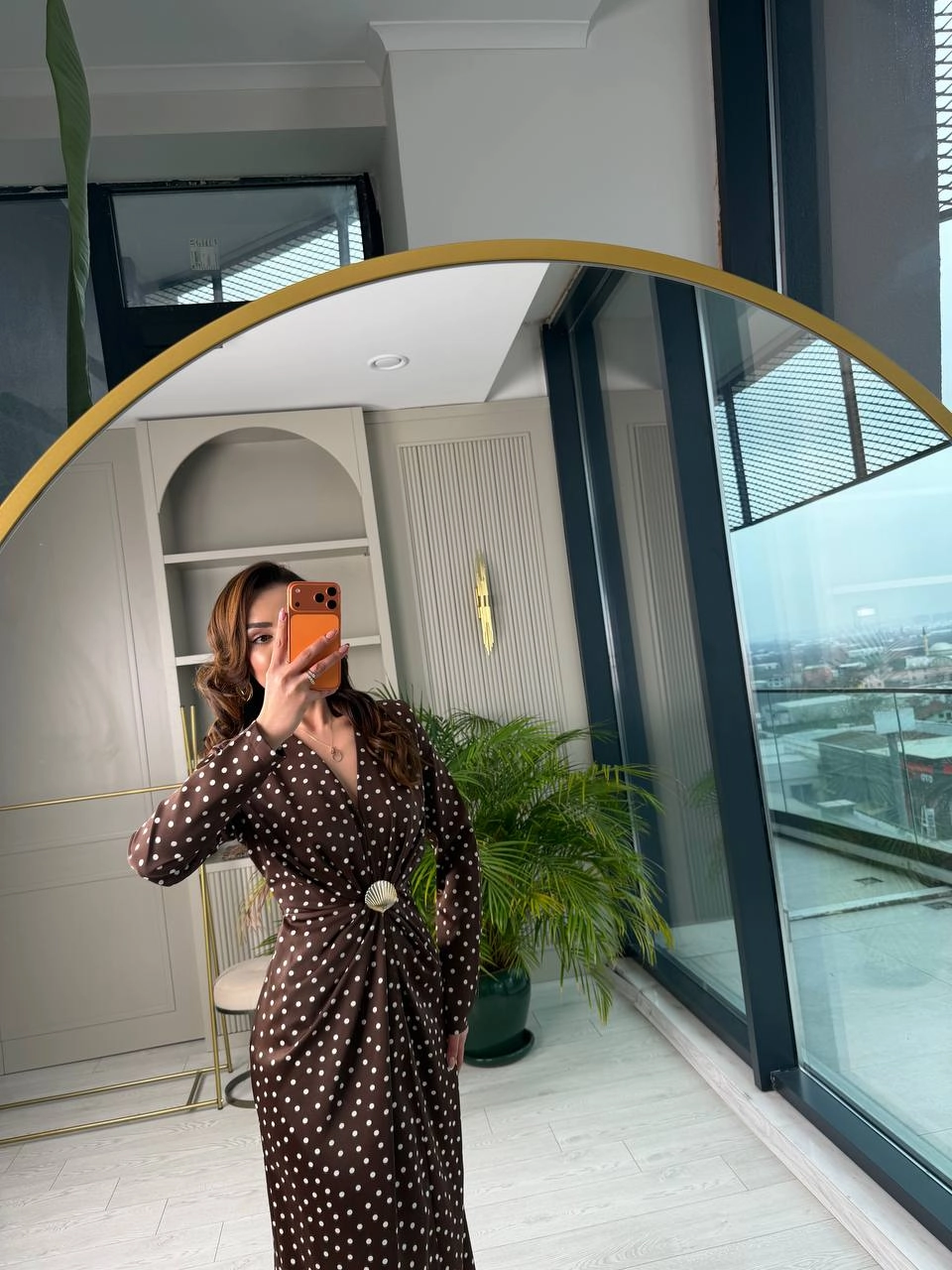 Kahverengi%20Puantiye%20Desen%20Bel%20Toka%20Detaylı%20Tok%20Saten%20Lüks%20Kalite%20Elbise