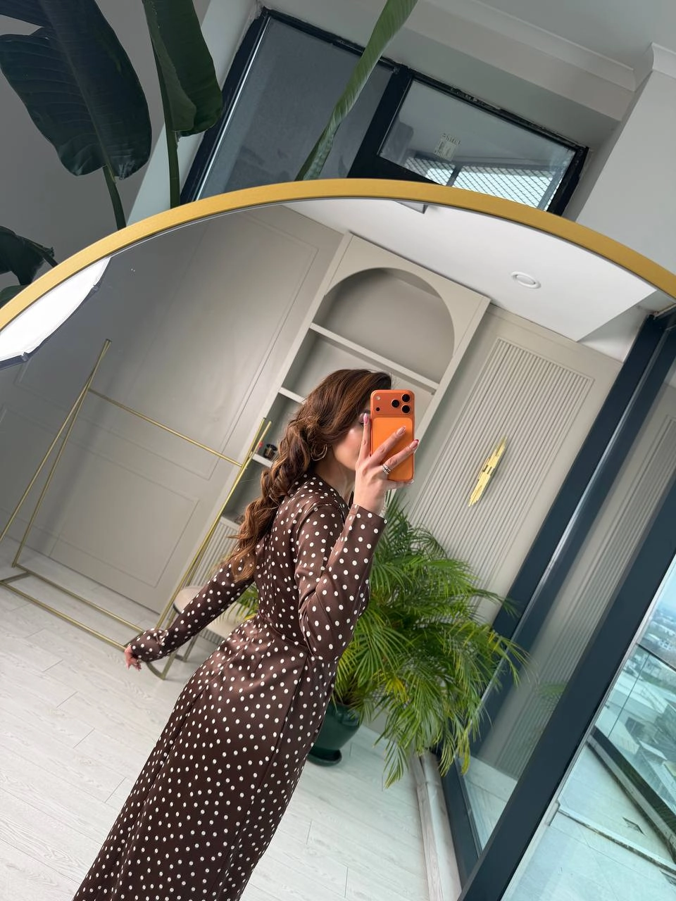 Kahverengi%20Puantiye%20Desen%20Bel%20Toka%20Detaylı%20Tok%20Saten%20Lüks%20Kalite%20Elbise