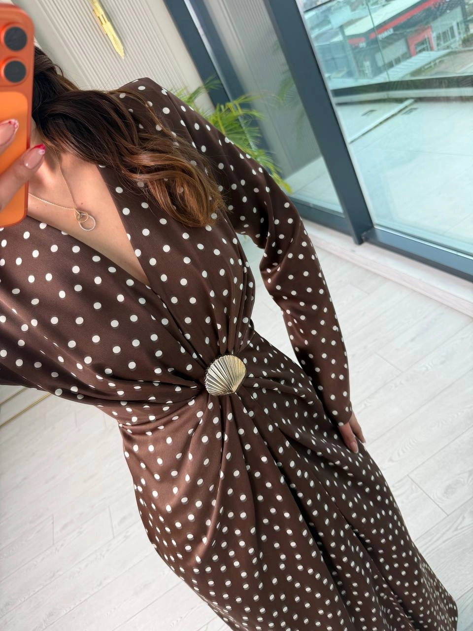 Kahverengi%20Puantiye%20Desen%20Bel%20Toka%20Detaylı%20Tok%20Saten%20Lüks%20Kalite%20Elbise