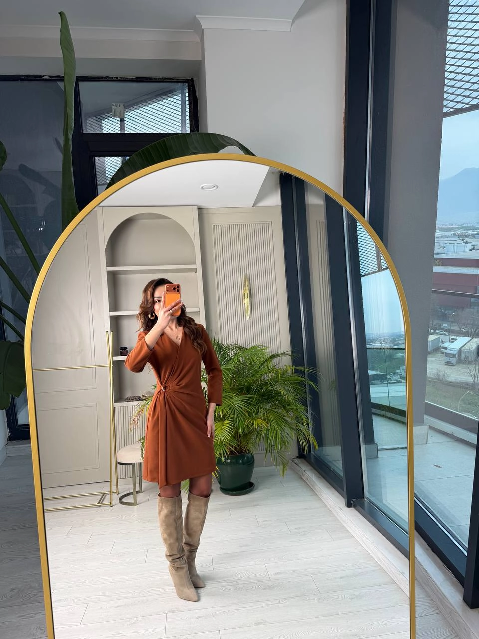 Tarçın%20Taba%20Kruvaze%20Bel%20Detaylı%20Double%20Krep%20Kumaş%20Elbise