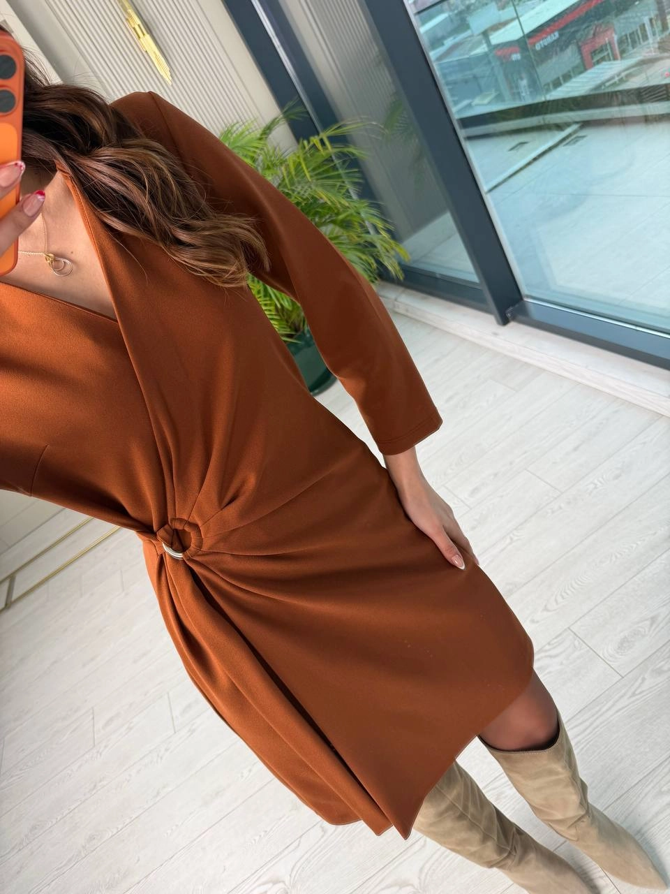 Tarçın%20Taba%20Kruvaze%20Bel%20Detaylı%20Double%20Krep%20Kumaş%20Elbise