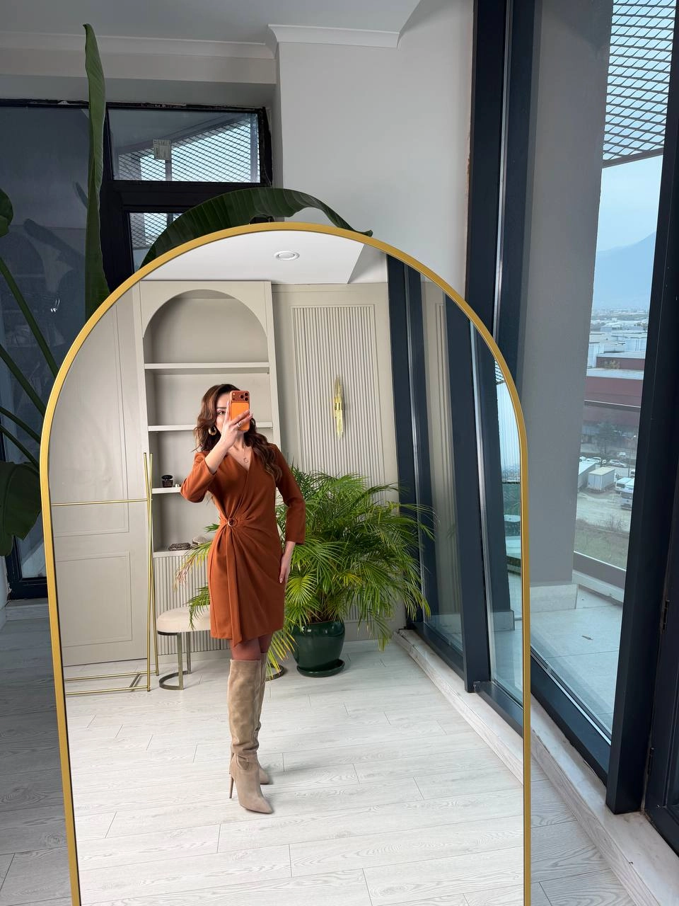 Tarçın%20Taba%20Kruvaze%20Bel%20Detaylı%20Double%20Krep%20Kumaş%20Elbise