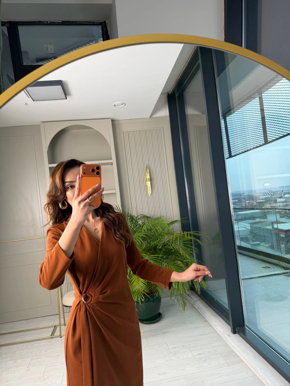 Tarçın%20Taba%20Kruvaze%20Bel%20Detaylı%20Double%20Krep%20Kumaş%20Elbise