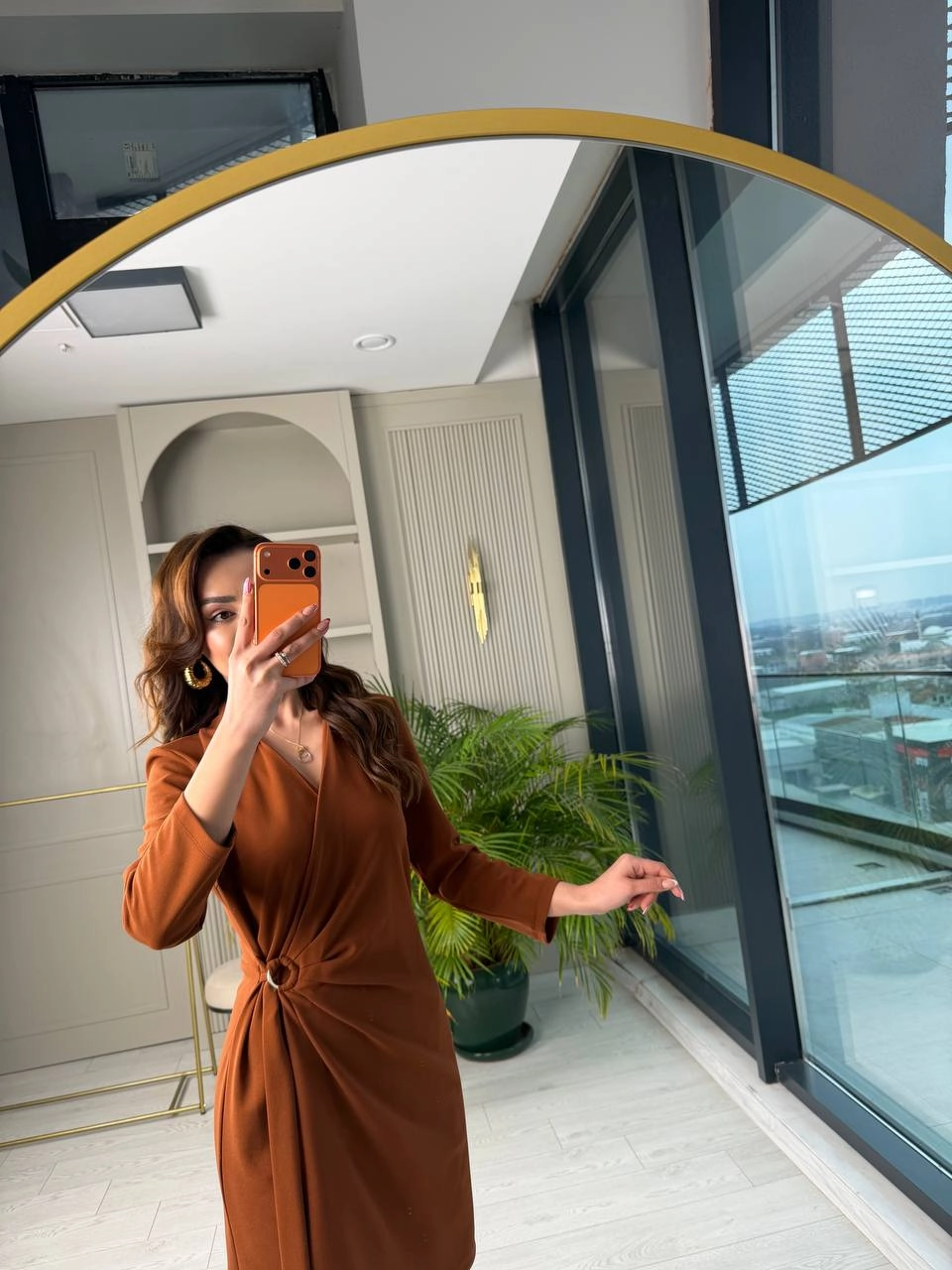 Tarçın%20Taba%20Kruvaze%20Bel%20Detaylı%20Double%20Krep%20Kumaş%20Elbise