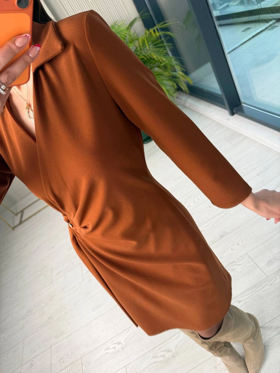 Tarçın%20Taba%20Kruvaze%20Bel%20Detaylı%20Double%20Krep%20Kumaş%20Elbise