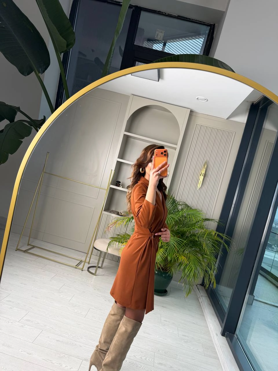 Tarçın%20Taba%20Kruvaze%20Bel%20Detaylı%20Double%20Krep%20Kumaş%20Elbise