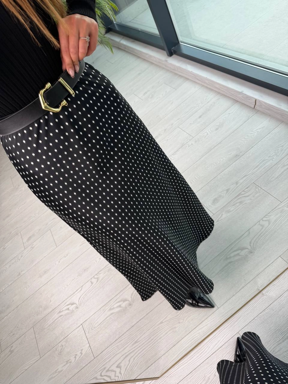 Siyah%20Puantiye%20Desenli%20Beli%20Lastikli%20Tok%20Pamuklu%20Saten%20Etek