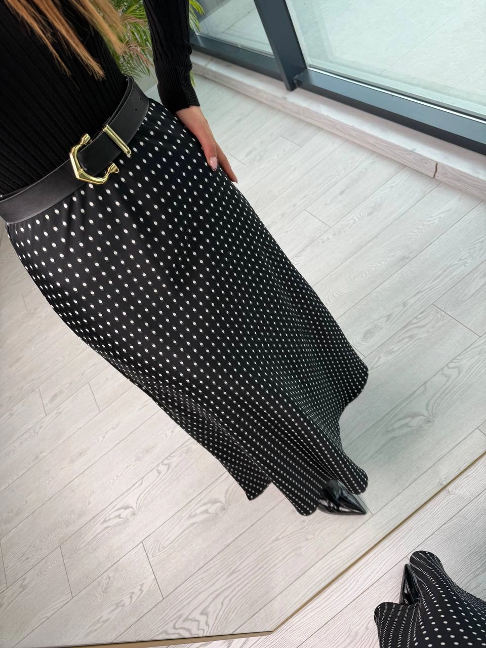 Siyah%20Puantiye%20Desenli%20Beli%20Lastikli%20Tok%20Pamuklu%20Saten%20Etek