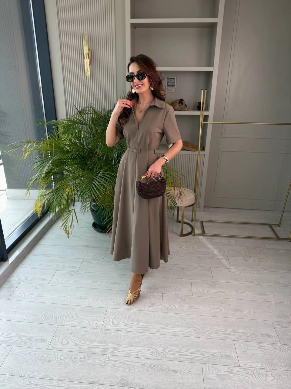Soft%20Haki%20Kemerli%20Premium%20Kloş%20Elbise