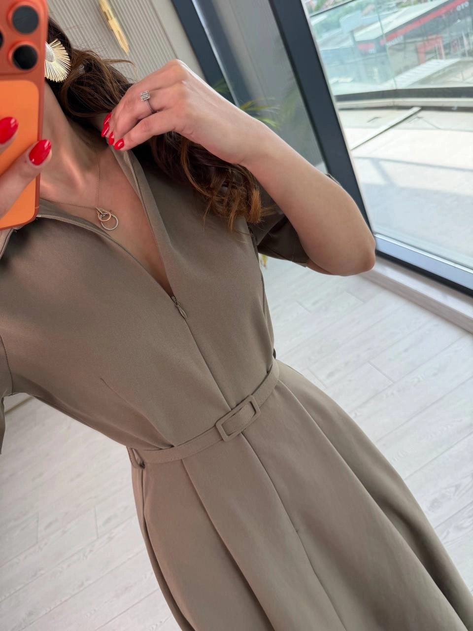 Soft%20Haki%20Kemerli%20Premium%20Kloş%20Elbise
