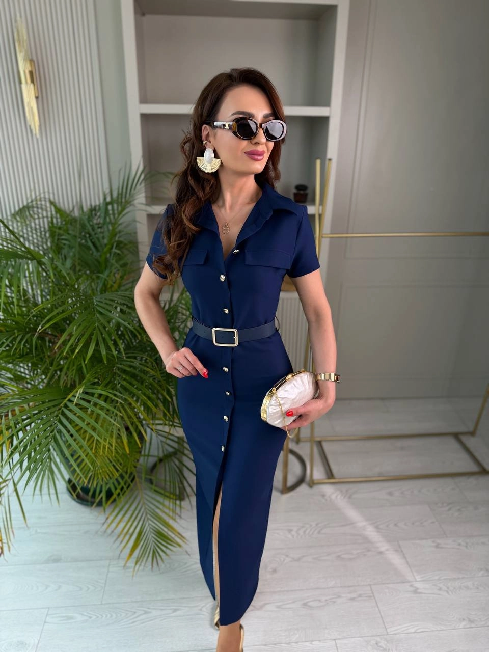 Lacivert%20Kemerli%20Zara%20Model%20Double%20Kumaş%20Elbise