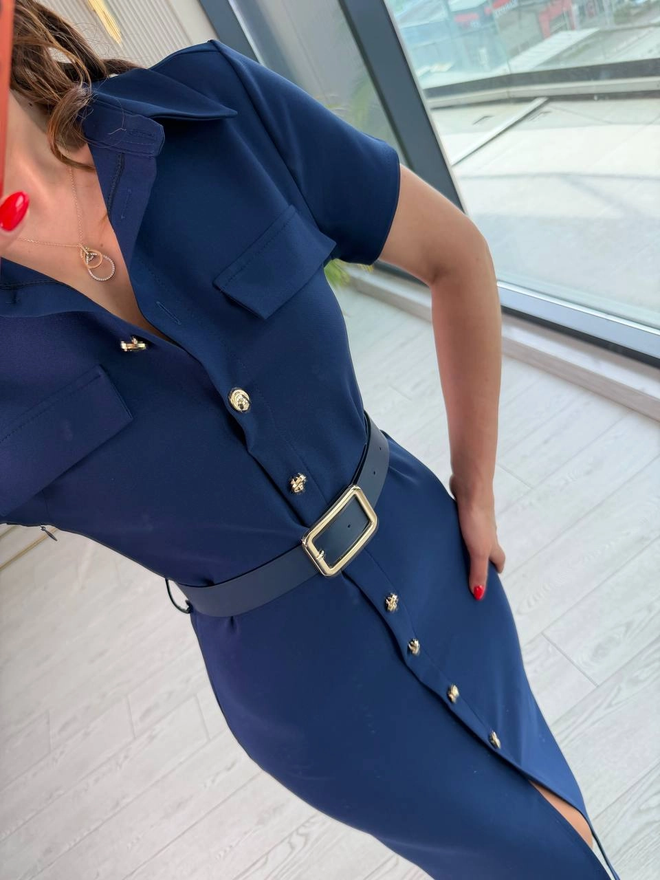 Lacivert%20Kemerli%20Zara%20Model%20Double%20Kumaş%20Elbise