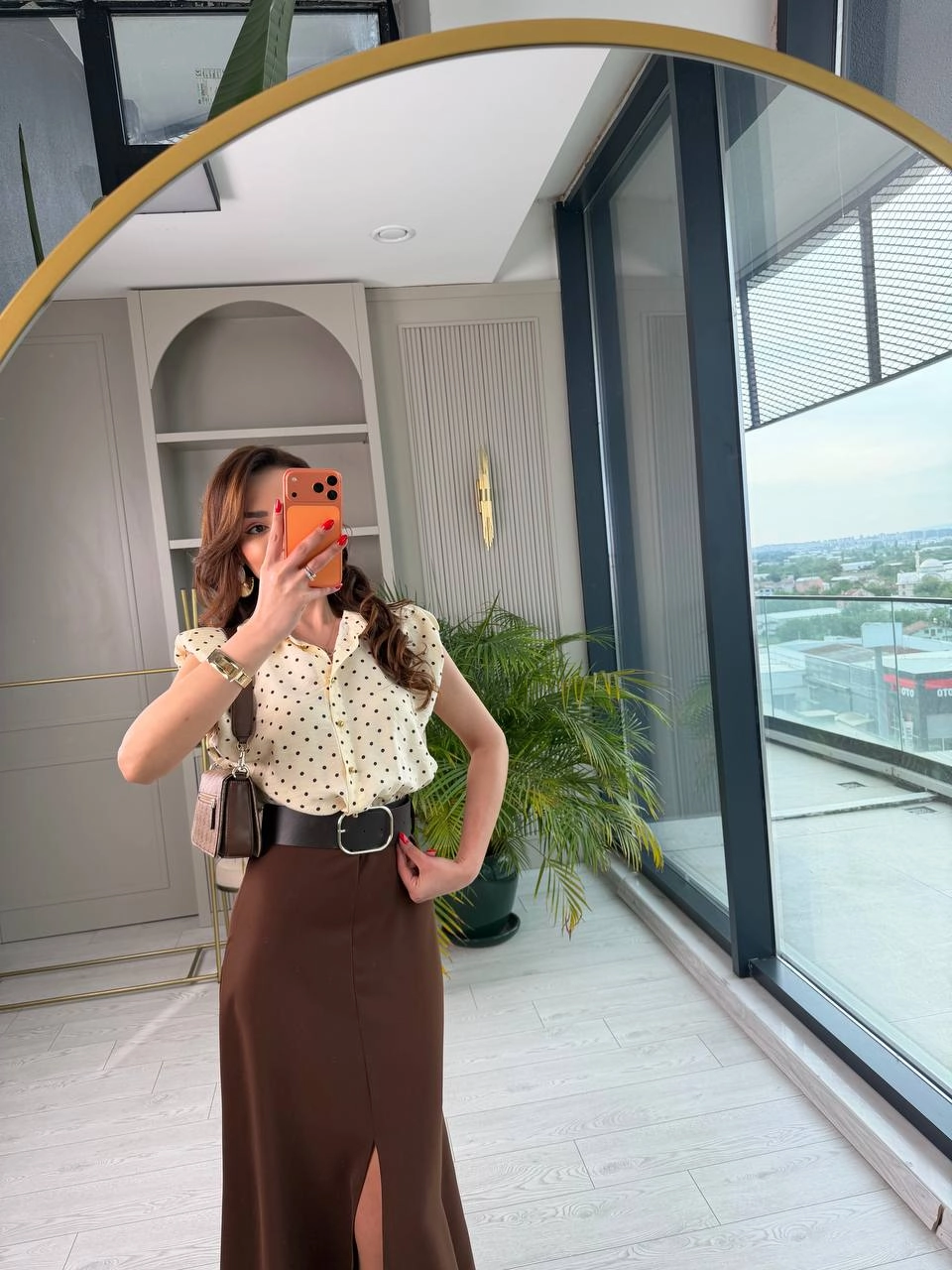 Kahverengi%20Kemerli%20Zara%20Model%20Puantiyeli%20Elbise