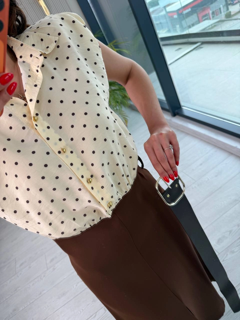 Kahverengi%20Kemerli%20Zara%20Model%20Puantiyeli%20Elbise
