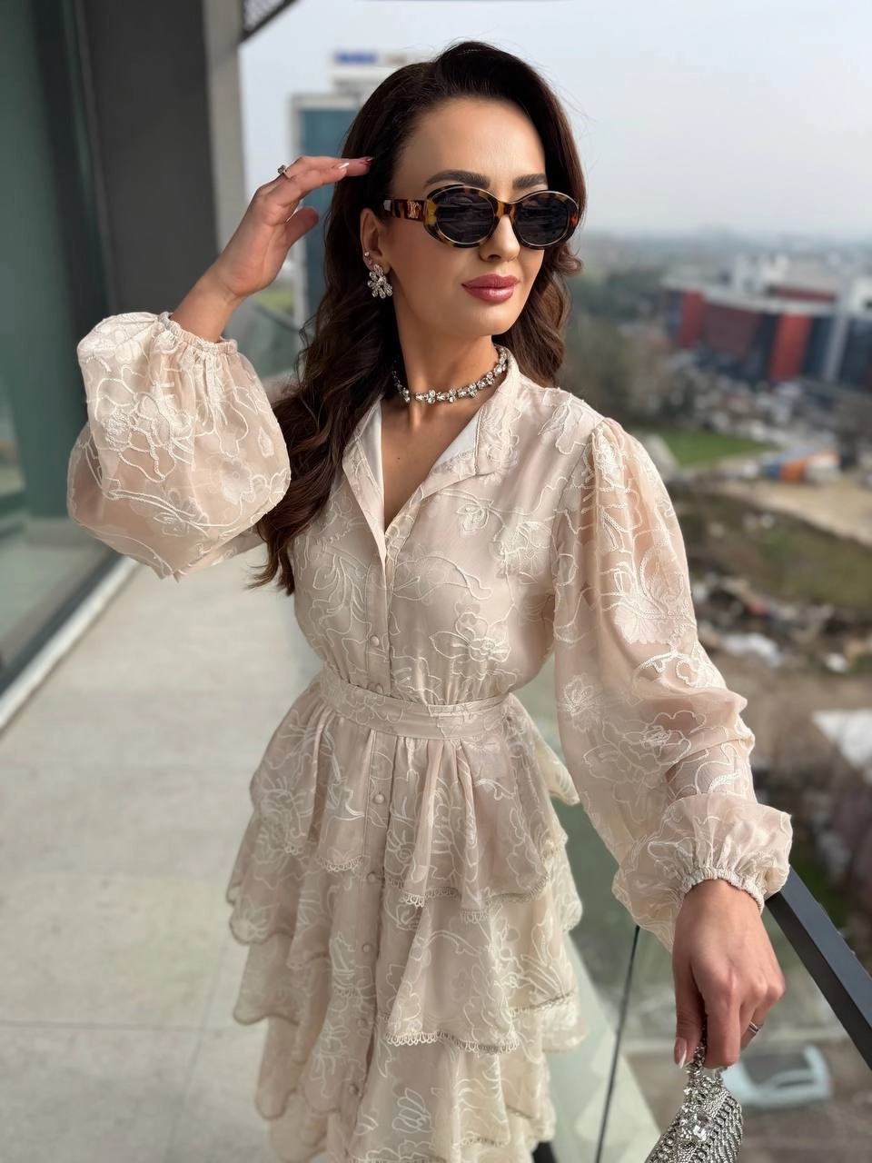 Tasarım%20Bej%20Eteği%20Kat%20Kat%20Astarlı%20Elbise